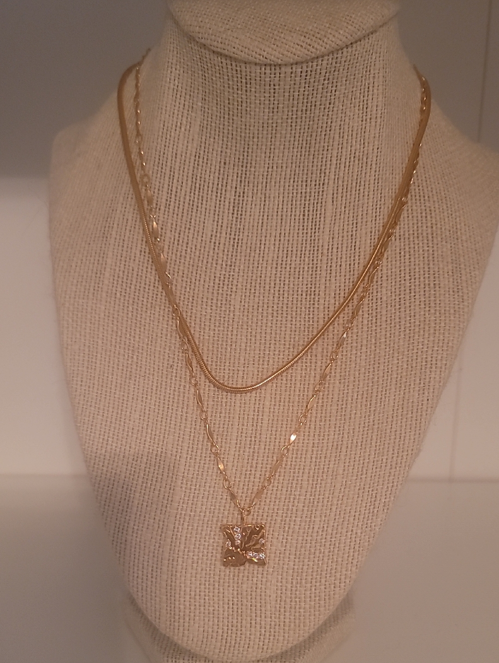 Double-Layer Gold Necklace with Textured Square Pendant